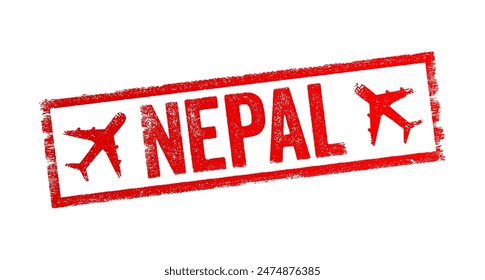 Nepal - is a landlocked country in South Asia, text emblem stamp with airplane