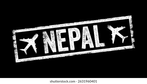Nepal - is a landlocked country in South Asia, text emblem stamp with airplane