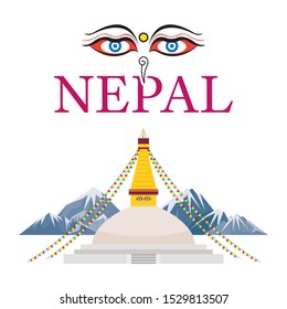 Nepal Landmarks with Eyes of the Buddha, Mount Everest Background, Famous Place and Historical Buildings, Travel and Tourist Attraction