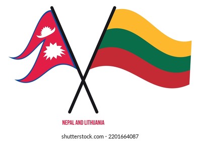 Nepal and Lithuania Flags Crossed And Waving Flat Style. Official Proportion. Correct Colors.