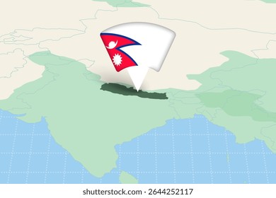 Nepal Location Highlighted on Asian Map with Flag Icon. Detailed Vector Design.