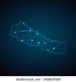 Nepal Map - Abstract geometric mesh polygonal network line, structure and point scales on dark background with lights in the form of cities. Vector illustration eps 10.