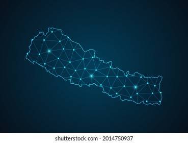 Mapa de Nepal Resumen de la línea de purga y las escalas de puntos en el fondo oscuro. Línea de red poligonal de malla 3D del marco de cables. Línea de red, esfera de diseño, punto y vector de estructura.