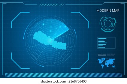 Nepal map of blue digital frame technology radar vector HUD, GUI, UI interface.