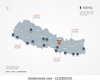 Nepal map with borders, cities, capital Kathmandu and administrative divisions. Infographic vector map. Editable layers clearly labeled.
