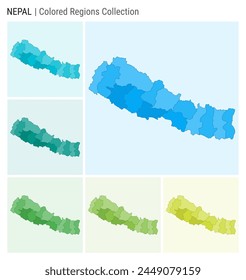 Nepal map collection. Country shape with colored regions. Light Blue, Cyan, Teal, Green, Light Green, Lime color palettes. Border of Nepal with provinces for your infographic. Vector illustration.