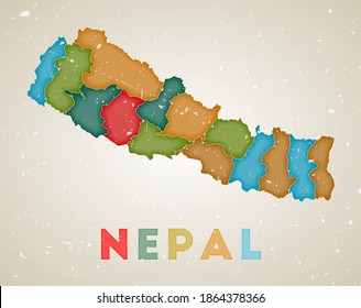 Nepal map. Country poster with colored regions. Old grunge texture. Vector illustration of Nepal with country name.