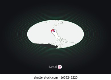 Nepal map in dark color, oval map with neighboring countries. Vector map and flag of Nepal