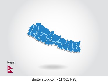 nepal map design with 3D style. Blue nepal map and National flag. Simple vector map with contour, shape, outline, on white.