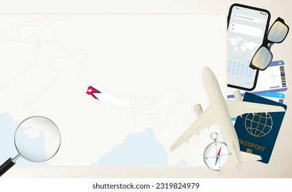Mapa y bandera de Nepal, avión de carga en el mapa detallado de Nepal con bandera, pasaporte, lupa y avión. Plantilla de vectores.