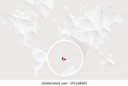 Nepal map with flag in contour on white polygonal World Map. Vector Illustration.