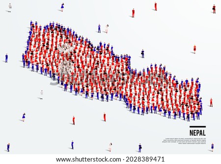 Nepal Map and Flag. A large group of people in the Nepal flag color form to create the map. Vector Illustration.