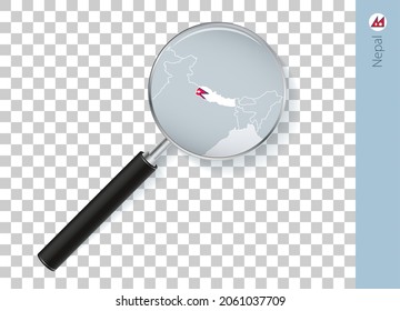 Nepal map with flag in magnifying glass on transparent background. Vector loupe with map.