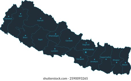 Nepal map high detailed with administrative divide by state, capital cities names, outline simplicity style. Vector illustration EPS10.