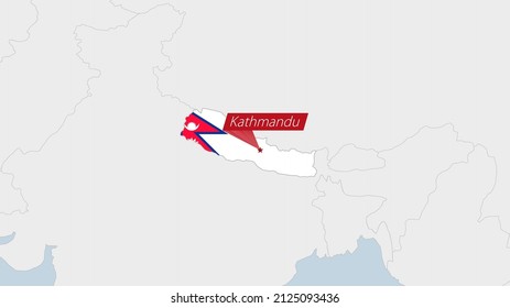 Mapa de Nepal resaltado en los colores de la bandera de Nepal y pin de la capital del país, Katmandú, mapa con los países vecinos de Asia.