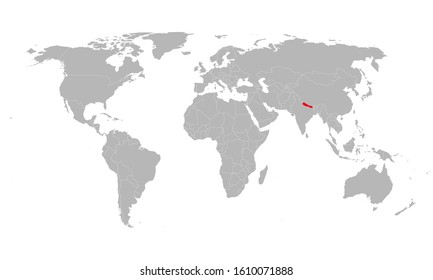 Nepal map highlighted on world map. Light gray background. Perfect for backgrounds, business concepts, backdrop, banner, label, sticker, chart, and wallpapers.