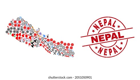 Nepal map mosaic and dirty Nepal red circle badge. Nepal badge uses vector lines and arcs. Nepal map mosaic contains markers, houses, screwdrivers, suns, wine glasses, and more symbols.