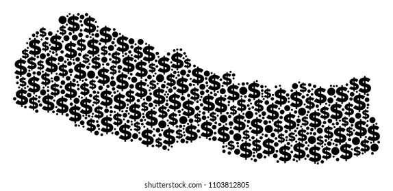 Nepal map mosaic of dollars and circle dots in different sizes. Abstract vector investment and GDP Nepal map. Money symbols and round dots are combined into geography scheme vector illustration.