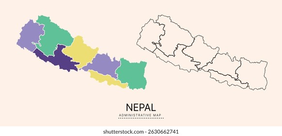 Nepal Mapa com distritos administrativos separados por multicores, camadas separadas editáveis, zonas e bordas. Mapa para apresentação. Ilustração vetorial
