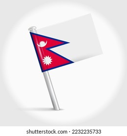 Nepal map pin flag icon. Nepali pennant map marker on a metal needle. 3D realistic vector illustration.