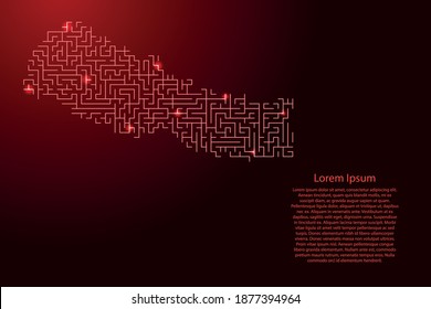 Nepal map from red pattern of the maze grid and glowing space stars grid. Vector illustration.