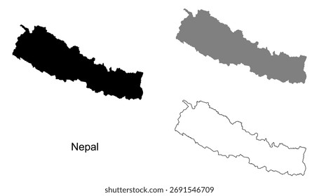 Nepal map set. Nepal map vector. Nepal map on silhouette, gray, and outline