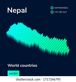 Nepal map. Stylized isometric neon striped vector 3d map. Map of Nepal is in green and mint colors on the dark blue background