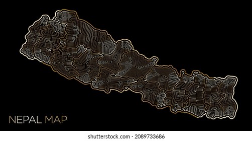 Nepal Karte topographische Höhenkontur in Linien geographischen Geländeweg. Gold umreißt Karte auf dunklem Hintergrund. Vektorgrafik.