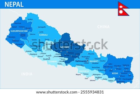 Nepal Map Vector Blue Spot - Customizable layered political map of Nepal with administrative divisions for website, education, reports, news, politics, print, poster and wallpaper