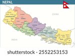 Nepal Map Vector New 2024 Colorful - Customizable layered political map of Nepal with administrative divisions for website, education, reports, news, politics, print, poster and wallpaper