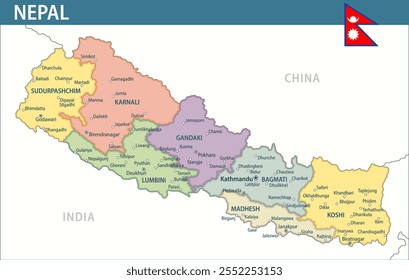 Nepal Map Vector New 2024 Colorful - Customizable layered political map of Nepal with administrative divisions for website, education, reports, news, politics, print, poster and wallpaper