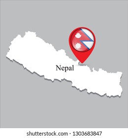Nepal map with white shadow and country name on the map. Check-in point with a national flag on a gray background.