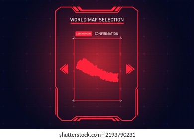 Nepal Map - World Map International vector template with Red Color in perspective style and HUD, GUI, UI interface isolated on black background for design - Vector illustration eps 10