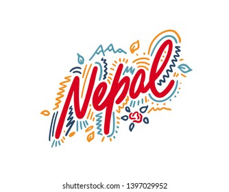 Nepal. Name country word text card, banner script. Beautiful typography inscription greeting calligraphy poster black, gold ribbon, star. Handwritten design modern brush lettering isolated vector.