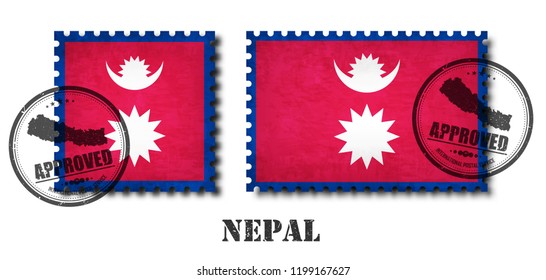 Nepal or nepalese flag pattern postage stamp with grunge old scratch texture and affix a seal on isolated background . Black color country name with abrasion . Square and rectangle shape . Vector .