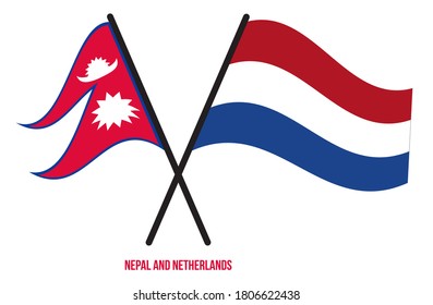 Nepal and Netherlands Flags Crossed And Waving Flat Style. Official Proportion. Correct Colors.