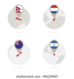 Nepal, Netherlands, New Zealand, Nicaragua map and flag in circle. Vector Illustration.