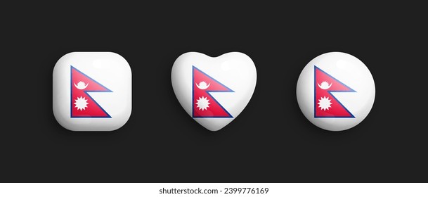 Nepal Official National Flag 3D Vector Glossy Icons In Rounded Square, Heart And Circle Form Isolated On Background. Nepalese Sign And Symbols Graphic Design Elements Volumetric Buttons Collection