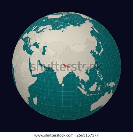 Nepal on the map. Globe centered to Nepal. Country location on the world map. Teal and Pale Mint color palette. Globe with countries, meridians and parallels. Modern vector illustration.