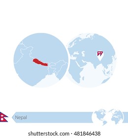 Nepal on world globe with flag and regional map of Nepal. Vector Illustration.