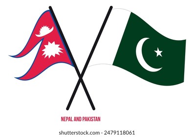 Nepal and Pakistan Flags Crossed And Waving Flat Style. Official Proportion. Correct Colors.