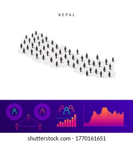 Nepal people map. Detailed vector silhouette. Mixed crowd of men and women icons. Population infographic elements. Vector illustration isolated on white.