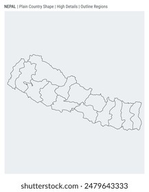 Mapa del país de la llanura de Nepal. Detalles altos. Estilo de regiones de esquema. Forma de Nepal. Ilustración vectorial.