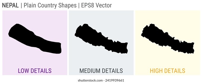 Nepal - plain country shape. Low, medium and high detailed maps of Nepal. EPS8 Vector illustration.