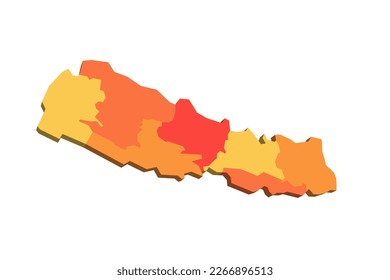 Nepal political map of administrative divisions - provinces. 3D map in shades of orange color.