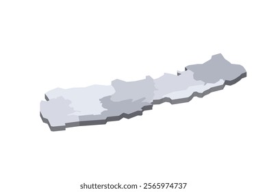 Nepal political map of administrative divisions - provinces. 3D isometric blank vector map in shades of grey.