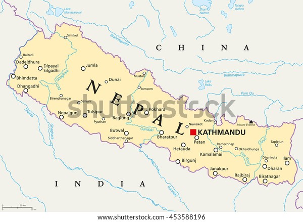 Nepal political map with capital Kathmandu, national borders, cities and rivers. Federal democratic republic and landlocked country in South Asia, bordered to China and India. English labeling.