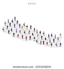 Nepal population map. Large group of realistic a diverse crowd of people figures in a shape of Nepali map. Flat vector illustration isolated on white.