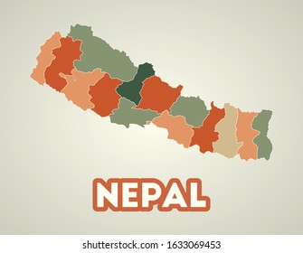 Nepal poster in retro style. Map of the country with regions in autumn color palette. Shape of Nepal with country name. Beautiful vector illustration.