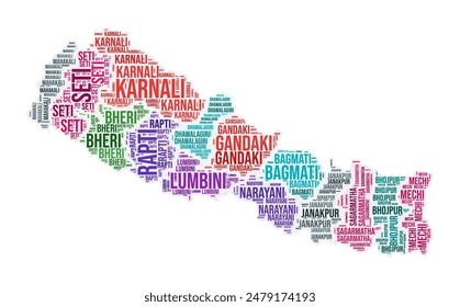 Nepal region word cloud. Country shape design. Nepal colored illustration. Region names collage cloud. Vector illustration.